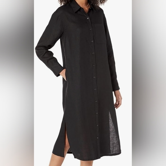 Nwt 100% Linen Elegant Black Shirt Dress - Picture 3 of 4